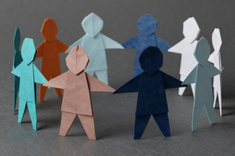Origami colorati che si tengono per mano a simboleggiare delle comunità intese come scuole di pace